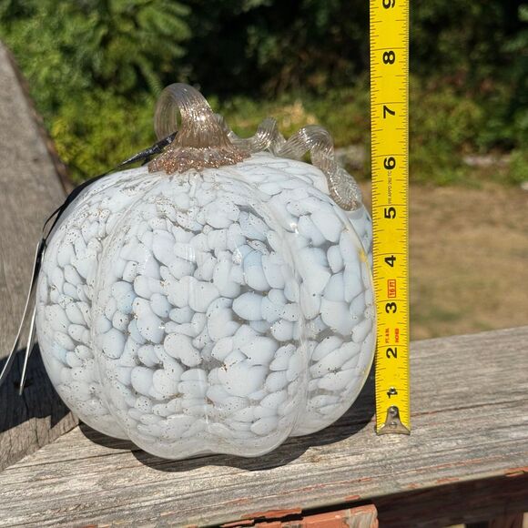 NEW Martha Stewart LED Lit Glass Pumpkin 7” White Spots with Gold Specks - Picture 5 of 5